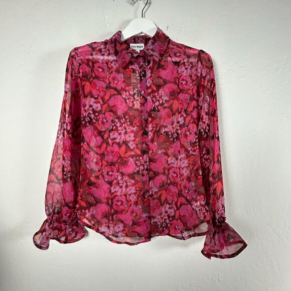 Steve Madden Womens Dark Fuchsia Floral Chiffon Button-Front Shirt Small New $69 - Picture 1 of 9